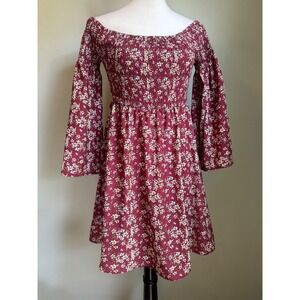 Cottage Floral Smocked Off Shoulder Bell Sleeve Mini Dress boho wh miso dainty